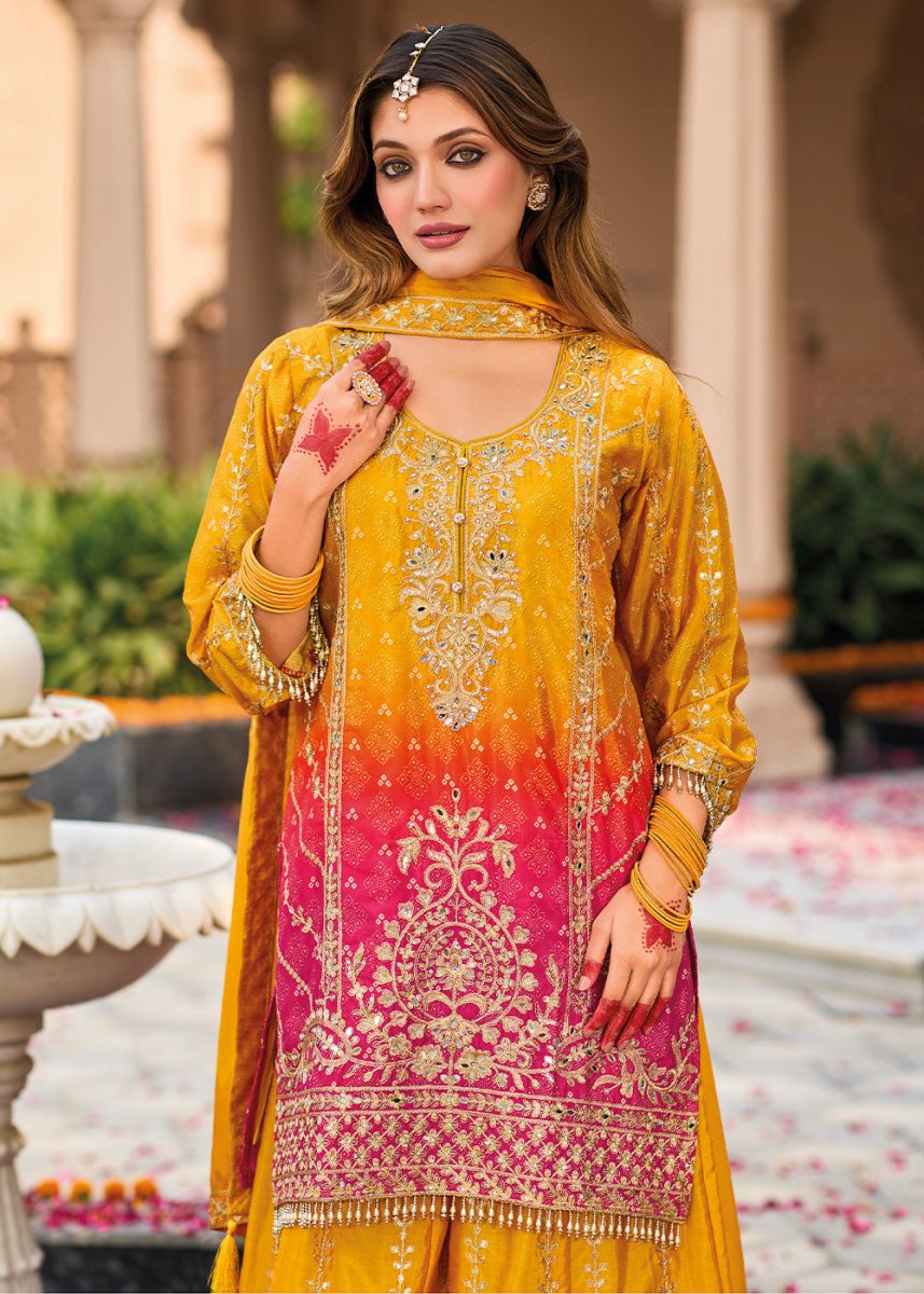 Saffron Yellow Chinon Silk Palazzo Suit with Intricate Embroidery - Eid Edition - House of Sarvati LLC