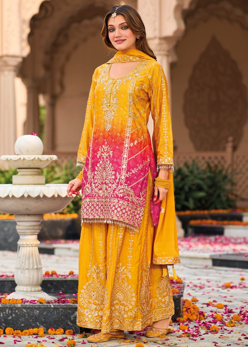 Saffron Yellow Chinon Silk Palazzo Suit with Intricate Embroidery - Eid Edition - House of Sarvati LLC