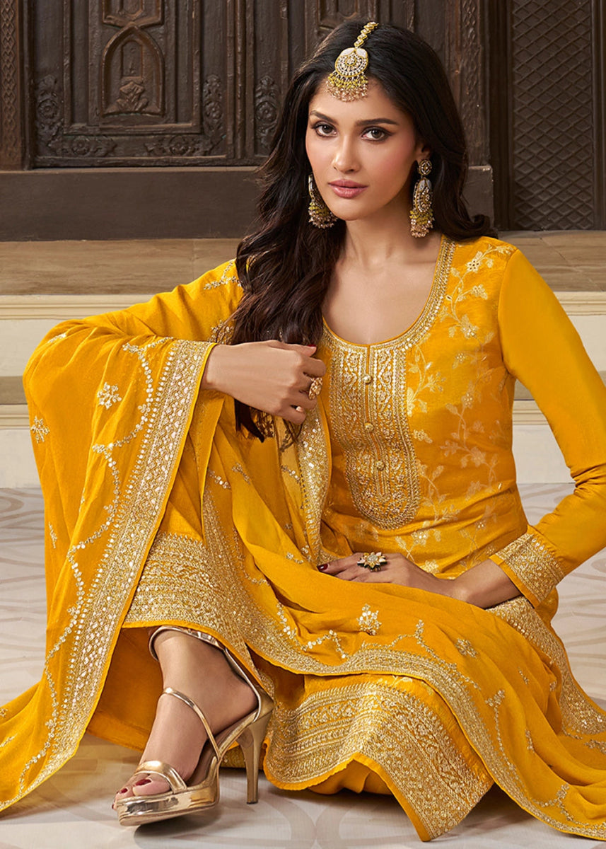 Saffron Yellow Embroidered Munga Silk Suit with Jacquard Floral Detailing - House of Sarvati LLC