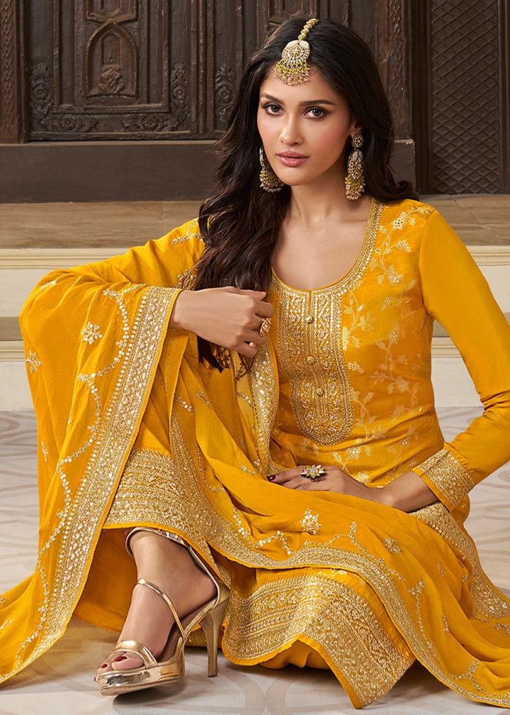 Saffron Yellow Embroidered Munga Silk Suit with Jacquard Floral Detailing - House of Sarvati LLC
