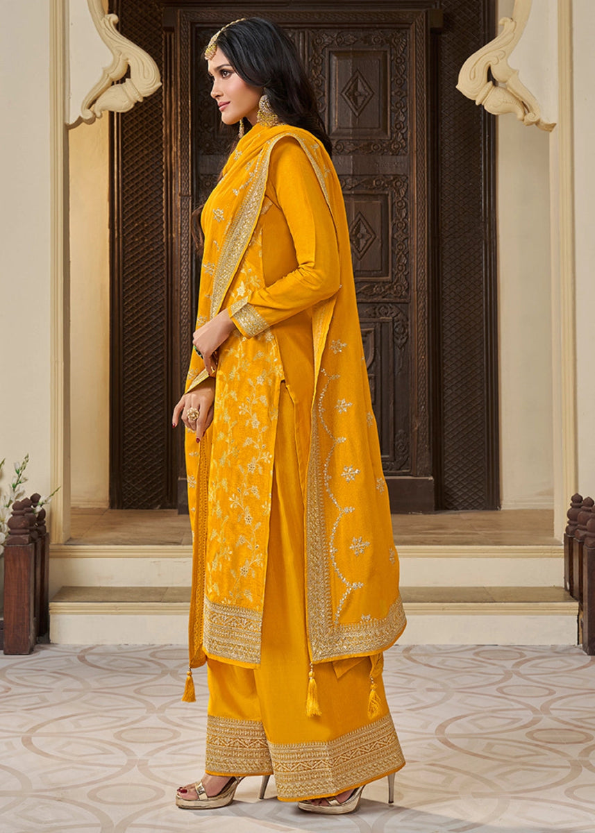 Saffron Yellow Embroidered Munga Silk Suit with Jacquard Floral Detailing - House of Sarvati LLC