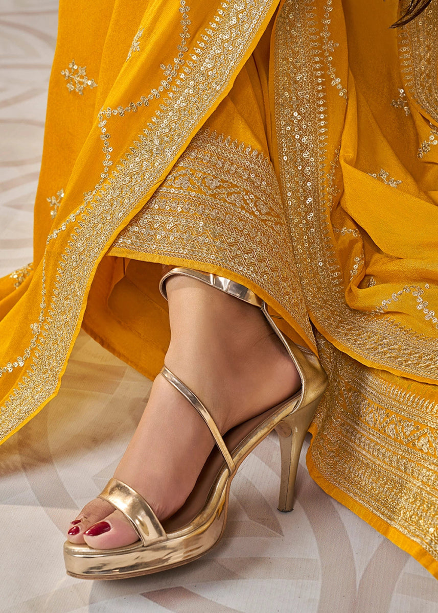 Saffron Yellow Embroidered Munga Silk Suit with Jacquard Floral Detailing - House of Sarvati LLC