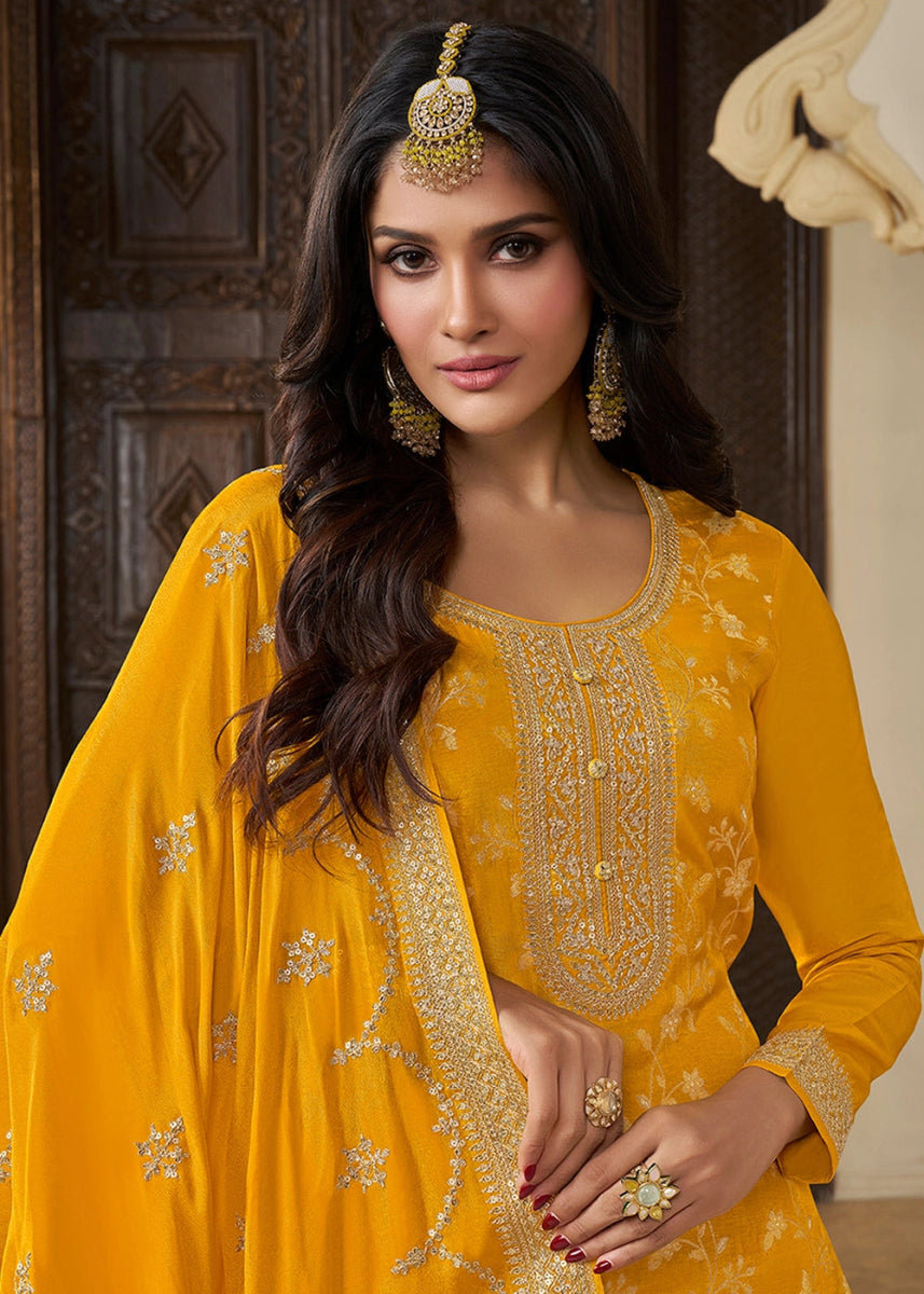 Saffron Yellow Embroidered Munga Silk Suit with Jacquard Floral Detailing - House of Sarvati LLC