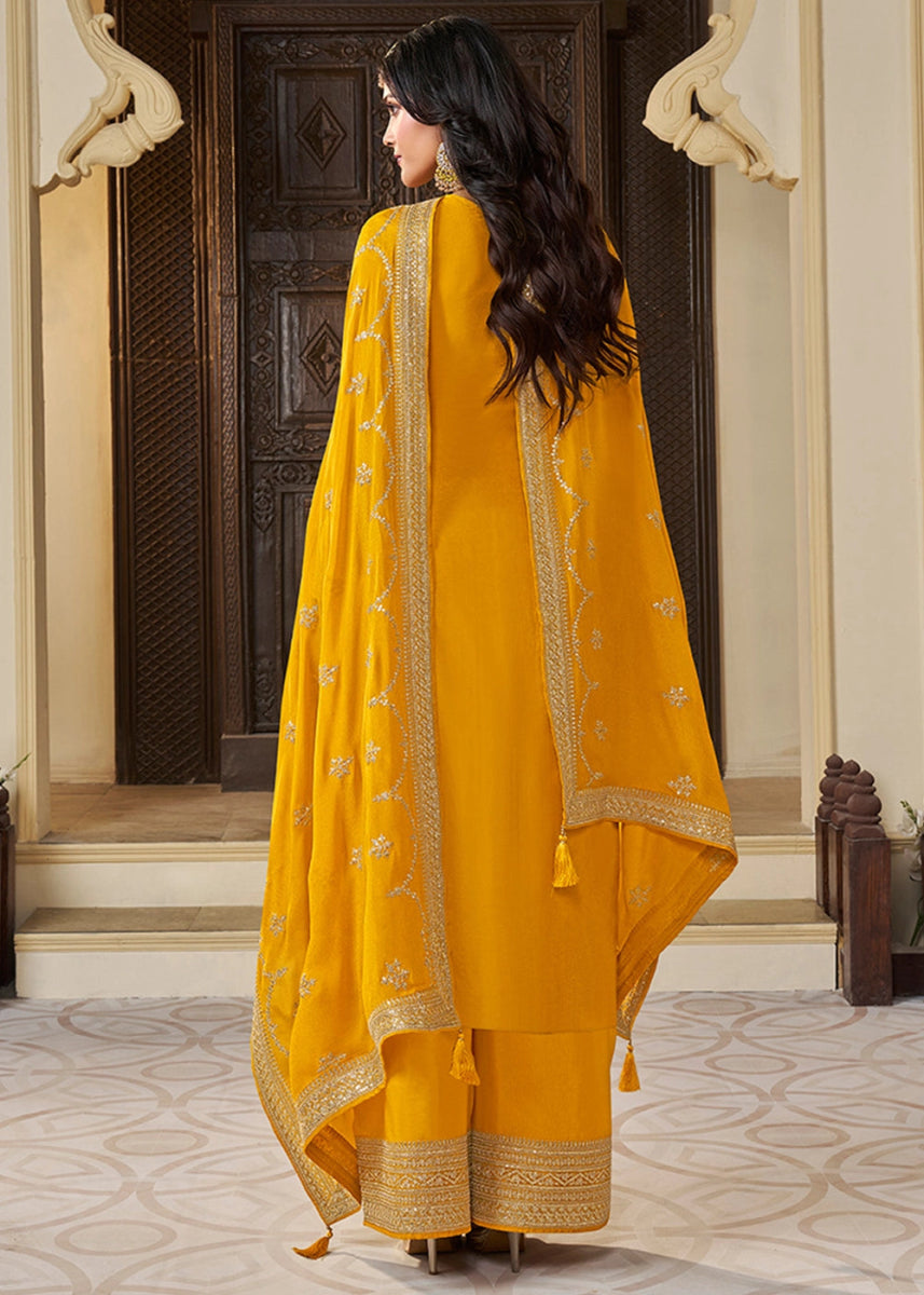 Saffron Yellow Embroidered Munga Silk Suit with Jacquard Floral Detailing - House of Sarvati LLC