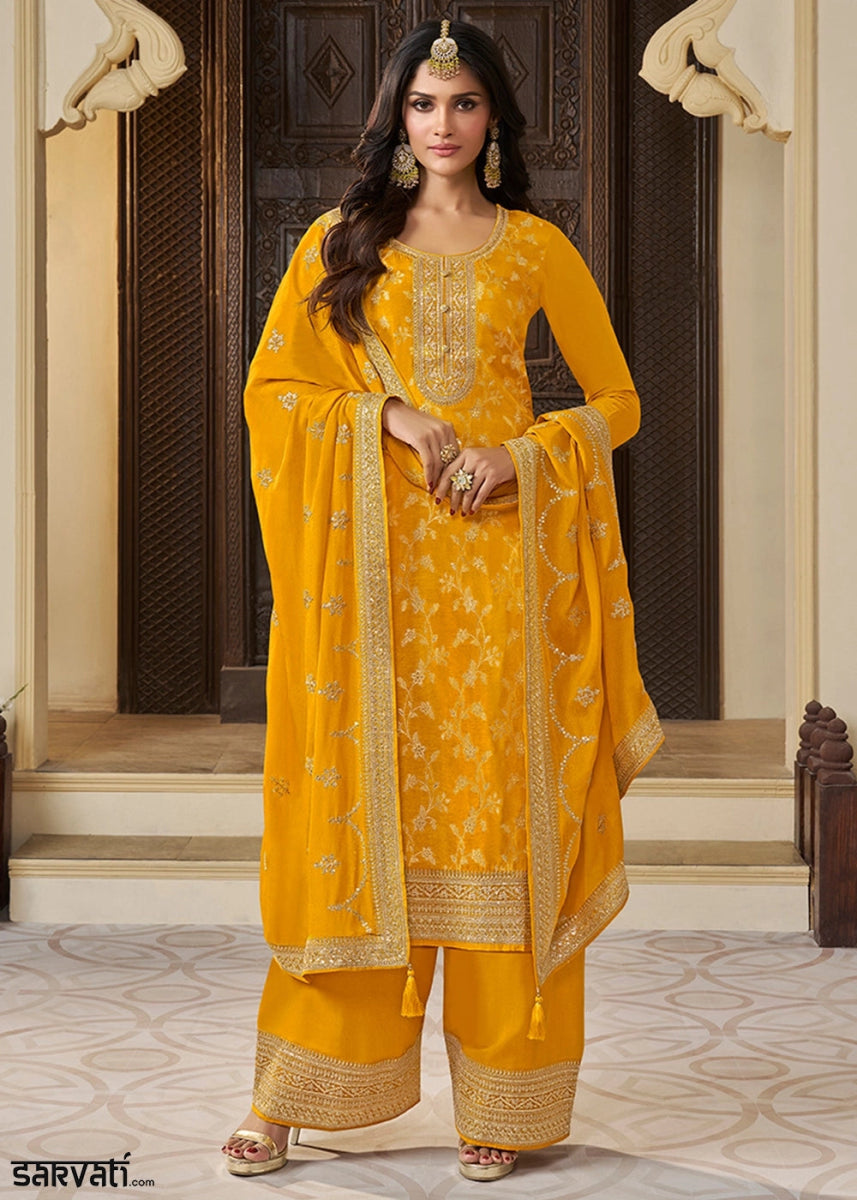 Saffron Yellow Embroidered Munga Silk Suit with Jacquard Floral Detailing - House of Sarvati LLC
