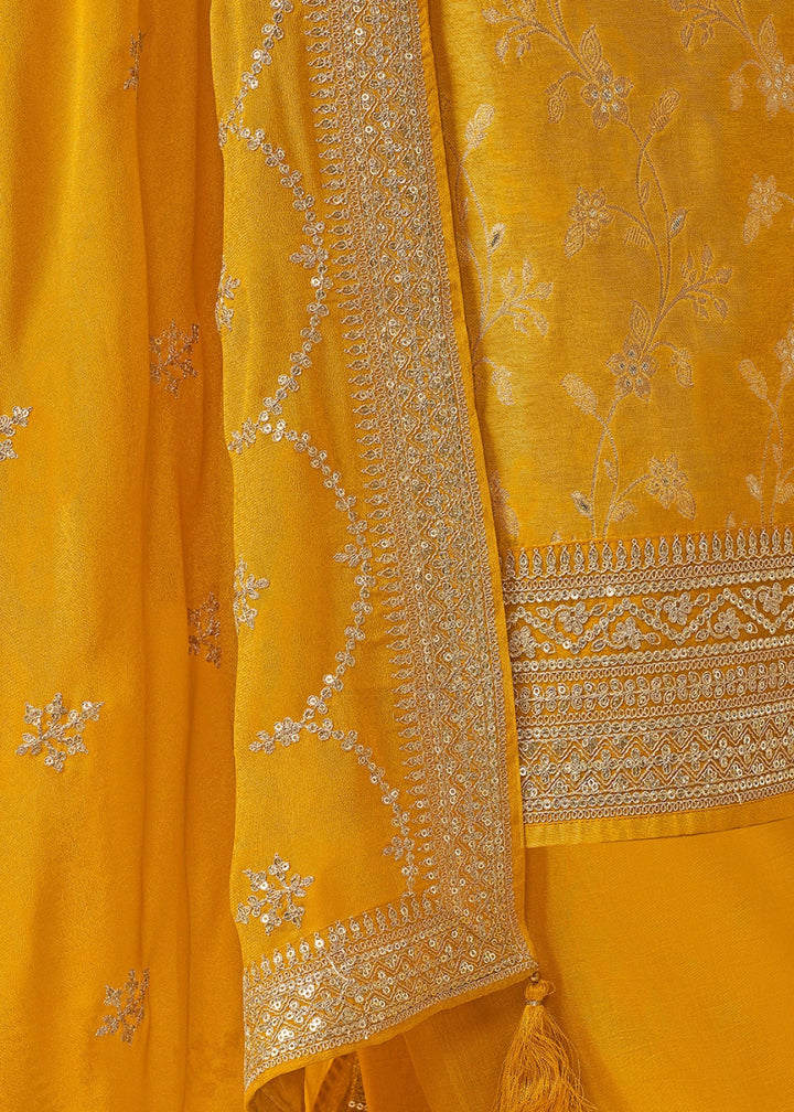 Saffron Yellow Embroidered Munga Silk Suit with Jacquard Floral Detailing - House of Sarvati LLC