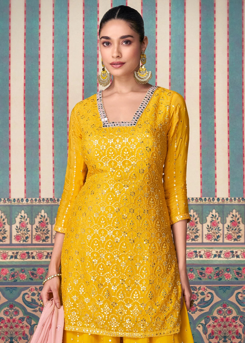 Saffron Yellow Ethnic Sharara Set in Chinon Silk with Fine Embroidery - House of Sarvati LLC