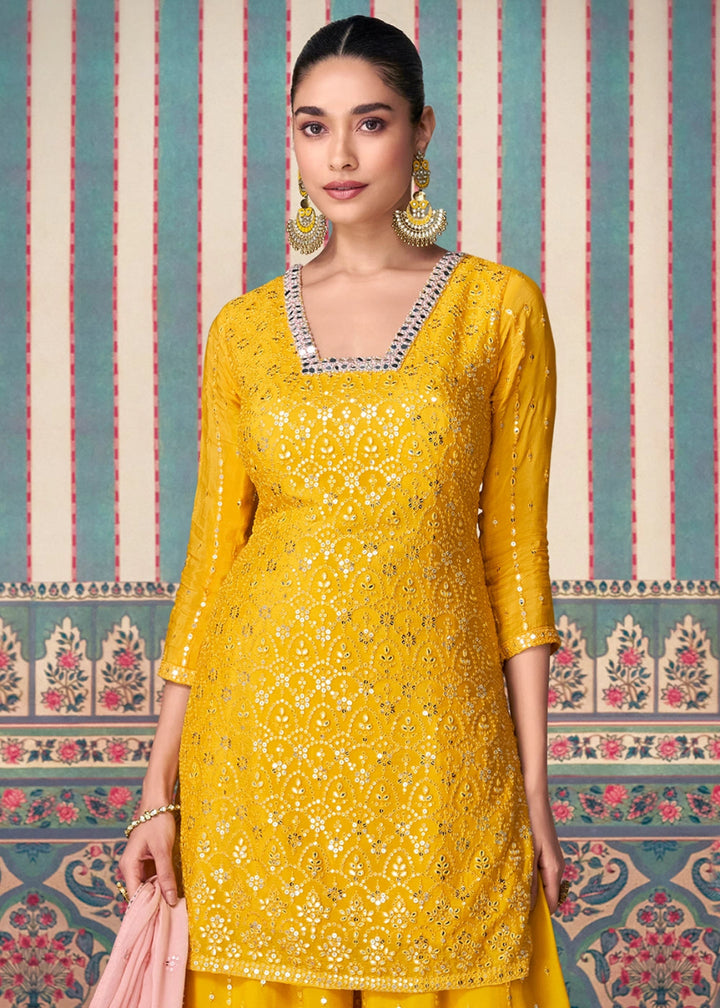 Saffron Yellow Ethnic Sharara Set in Chinon Silk with Fine Embroidery - House of Sarvati LLC