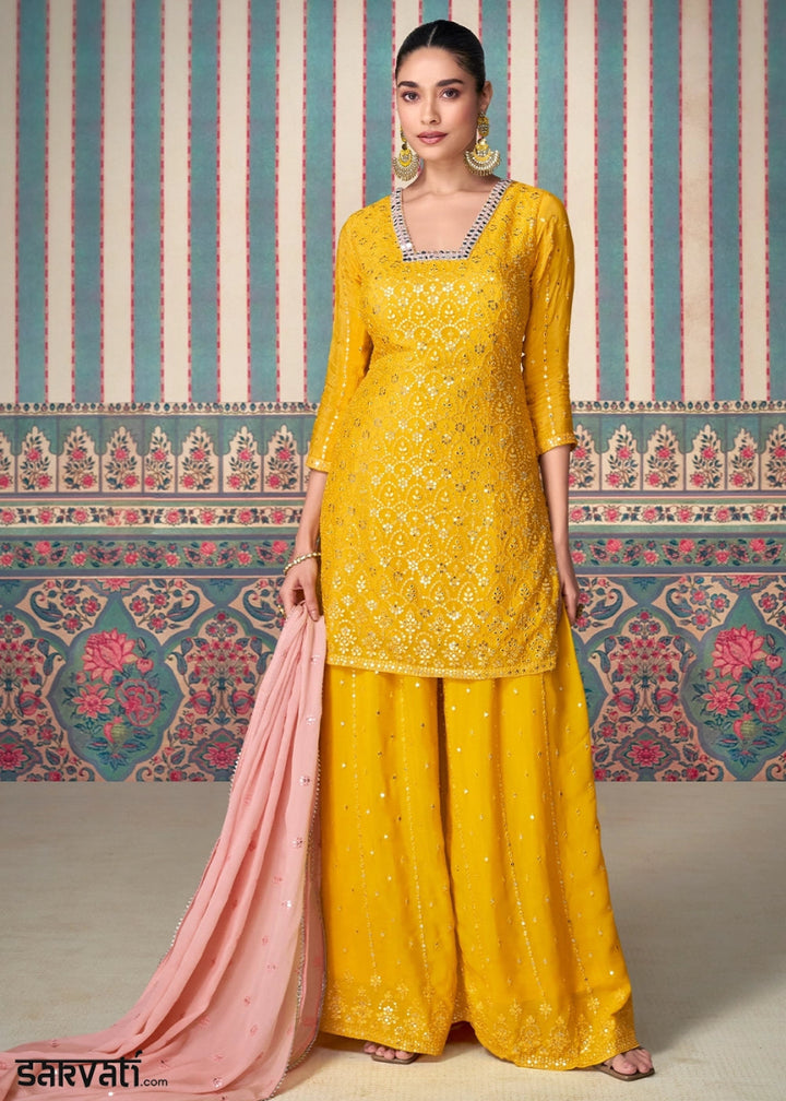 Saffron Yellow Ethnic Sharara Set in Chinon Silk with Fine Embroidery - House of Sarvati LLC