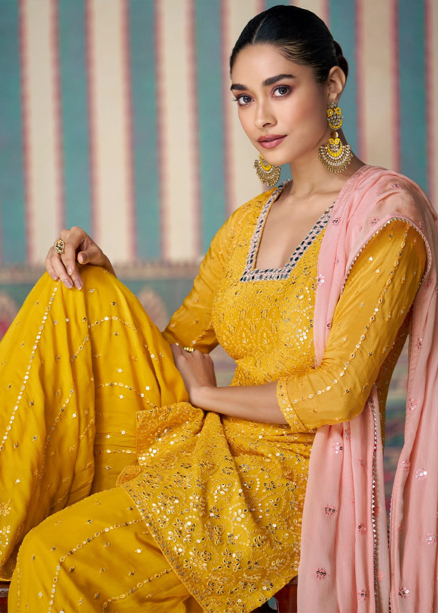 Saffron Yellow Ethnic Sharara Set in Chinon Silk with Fine Embroidery - House of Sarvati LLC