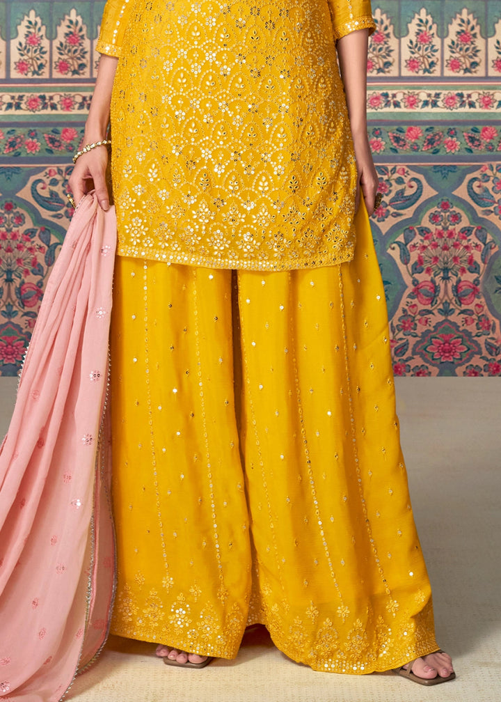 Saffron Yellow Ethnic Sharara Set in Chinon Silk with Fine Embroidery - House of Sarvati LLC