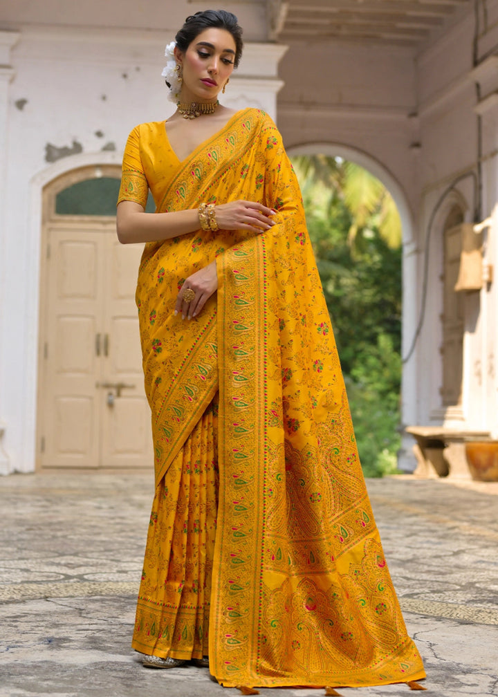 Saffron Yellow Silk Saree with Intricate Threadwork Floral Jaal - House of Sarvati LLC