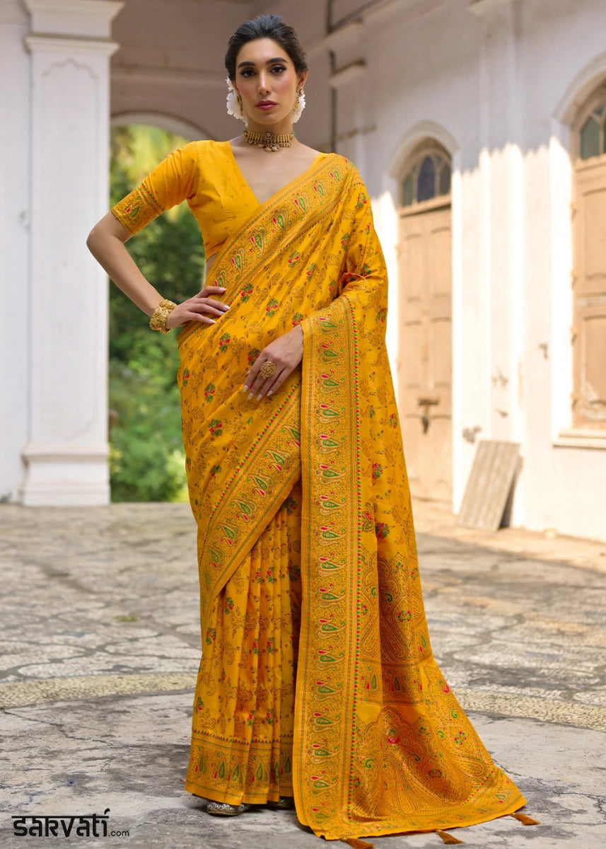 Saffron Yellow Silk Saree with Intricate Threadwork Floral Jaal - House of Sarvati LLC