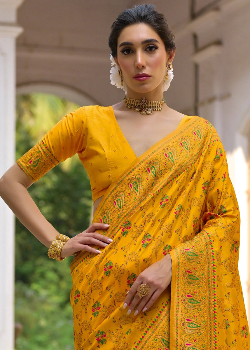 Saffron Yellow Silk Saree with Intricate Threadwork Floral Jaal - House of Sarvati LLC