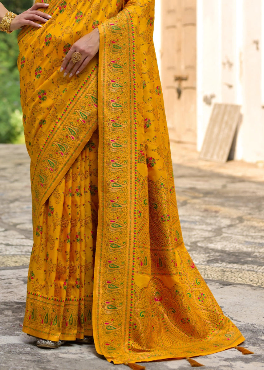 Saffron Yellow Silk Saree with Intricate Threadwork Floral Jaal - House of Sarvati LLC