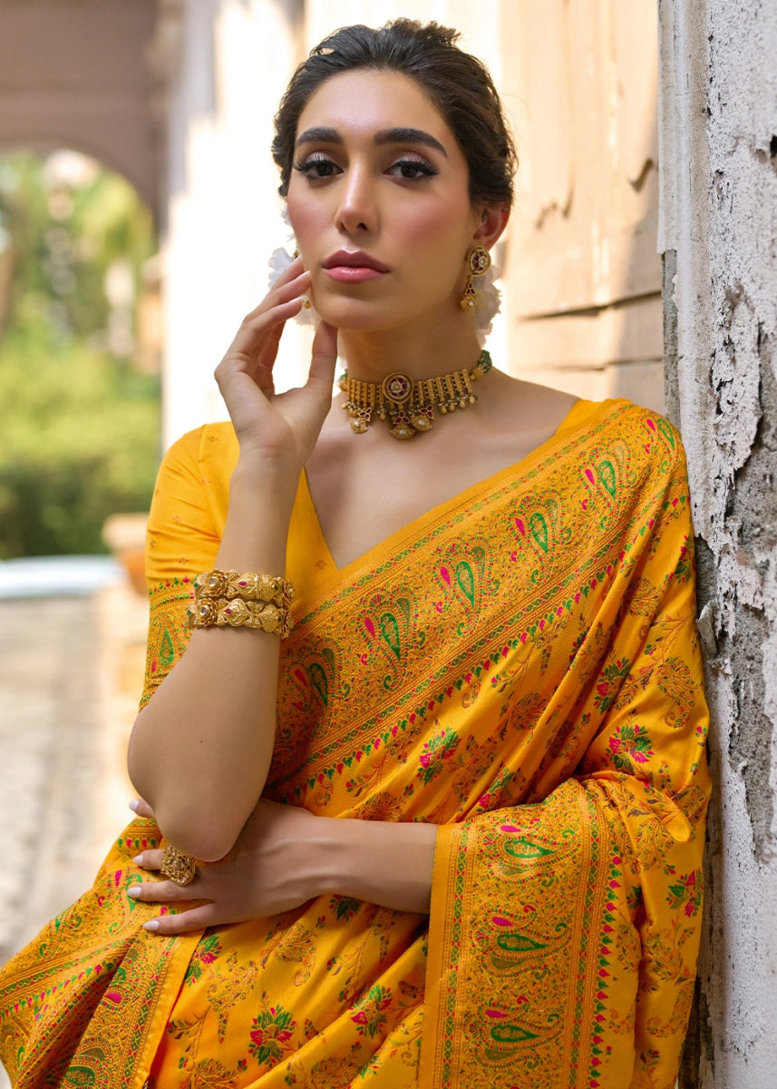 Saffron Yellow Silk Saree with Intricate Threadwork Floral Jaal - House of Sarvati LLC