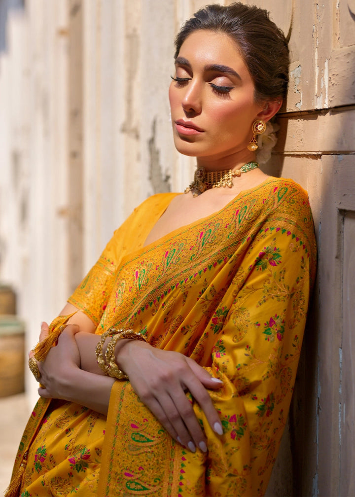 Saffron Yellow Silk Saree with Intricate Threadwork Floral Jaal - House of Sarvati LLC