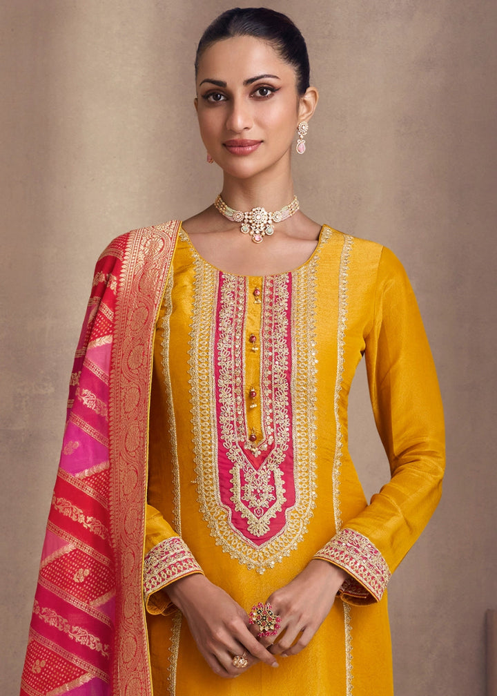 Saffron Yellow Simar Silk Suit with Exquisite Embroidery - House of Sarvati LLC