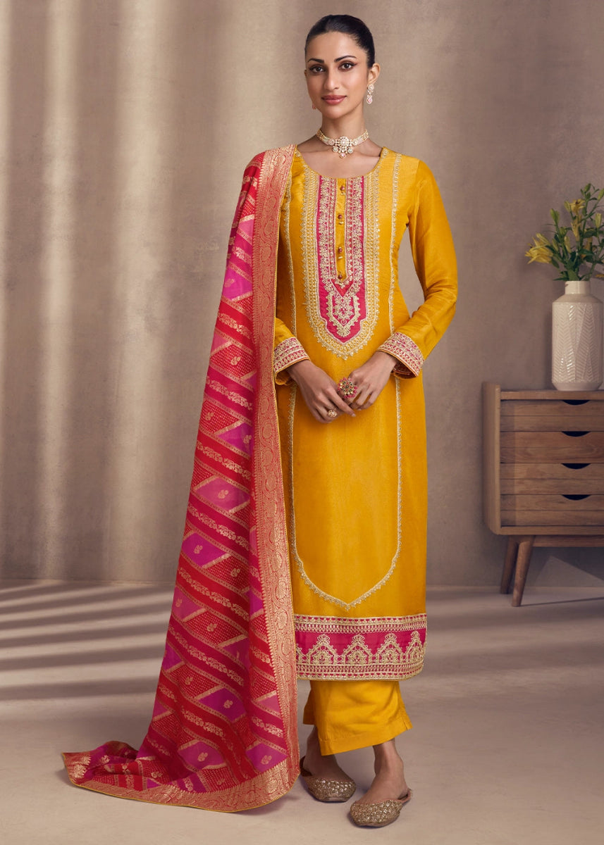 Saffron Yellow Simar Silk Suit with Exquisite Embroidery - House of Sarvati LLC