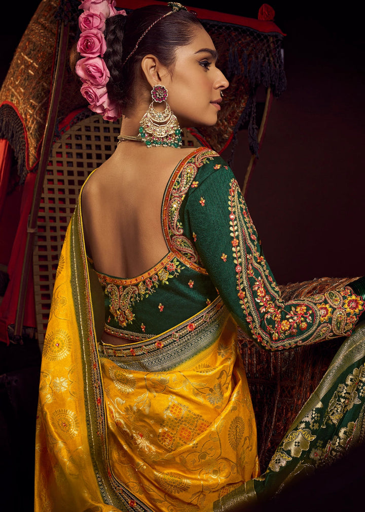 Saffron Yellow Viscose Silk Saree with Handcrafted Embroidered Blouse - House of Sarvati LLC