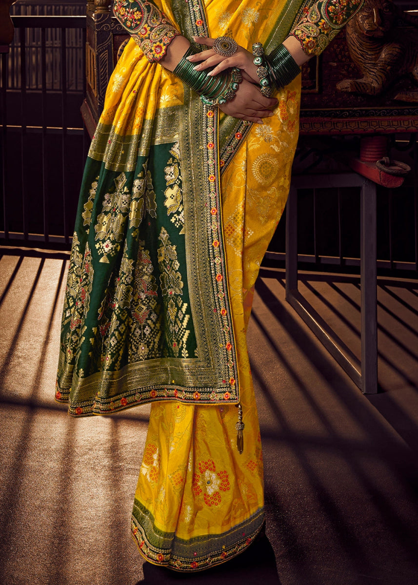 Saffron Yellow Viscose Silk Saree with Handcrafted Embroidered Blouse - House of Sarvati LLC