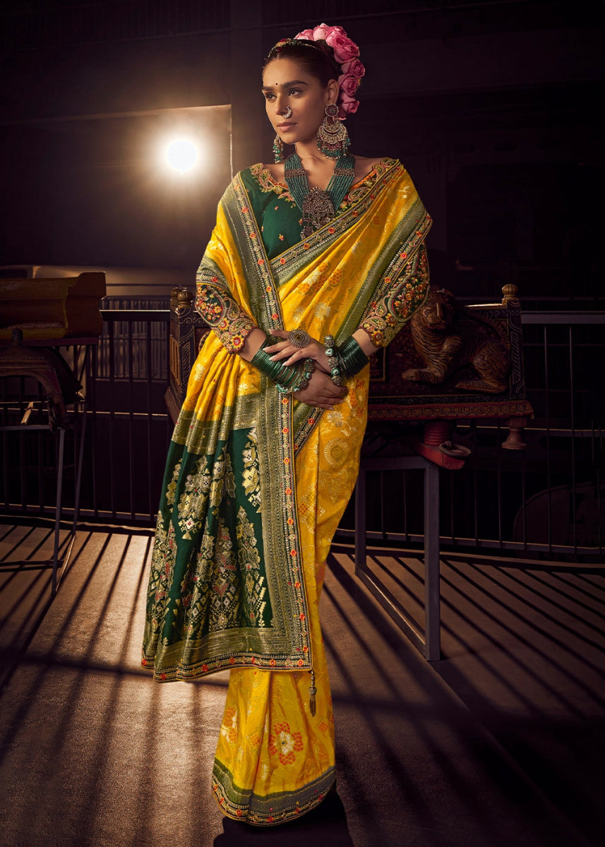 Saffron Yellow Viscose Silk Saree with Handcrafted Embroidered Blouse - House of Sarvati LLC