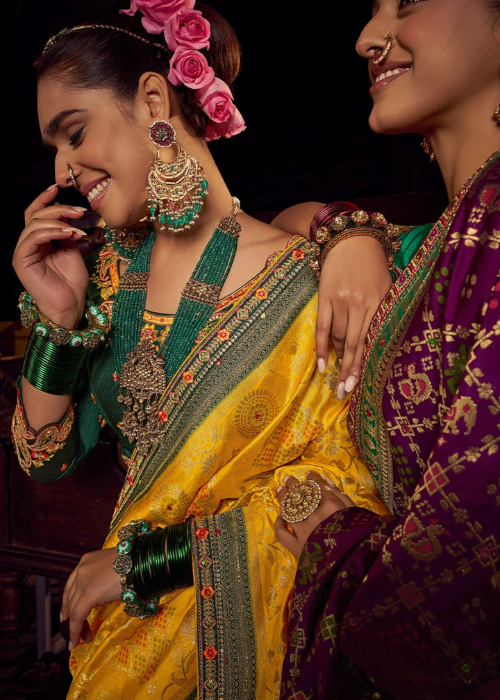 Saffron Yellow Viscose Silk Saree with Handcrafted Embroidered Blouse - House of Sarvati LLC
