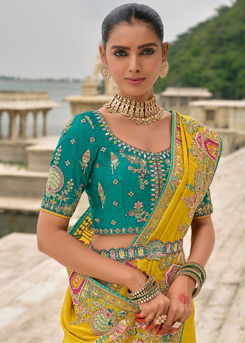 Saffron Yellow Viscose Silk Saree with Intricate Cutwork & Embroidery - House of Sarvati LLC