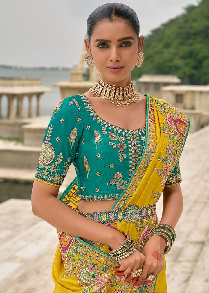 Saffron Yellow Viscose Silk Saree with Intricate Cutwork & Embroidery - House of Sarvati LLC