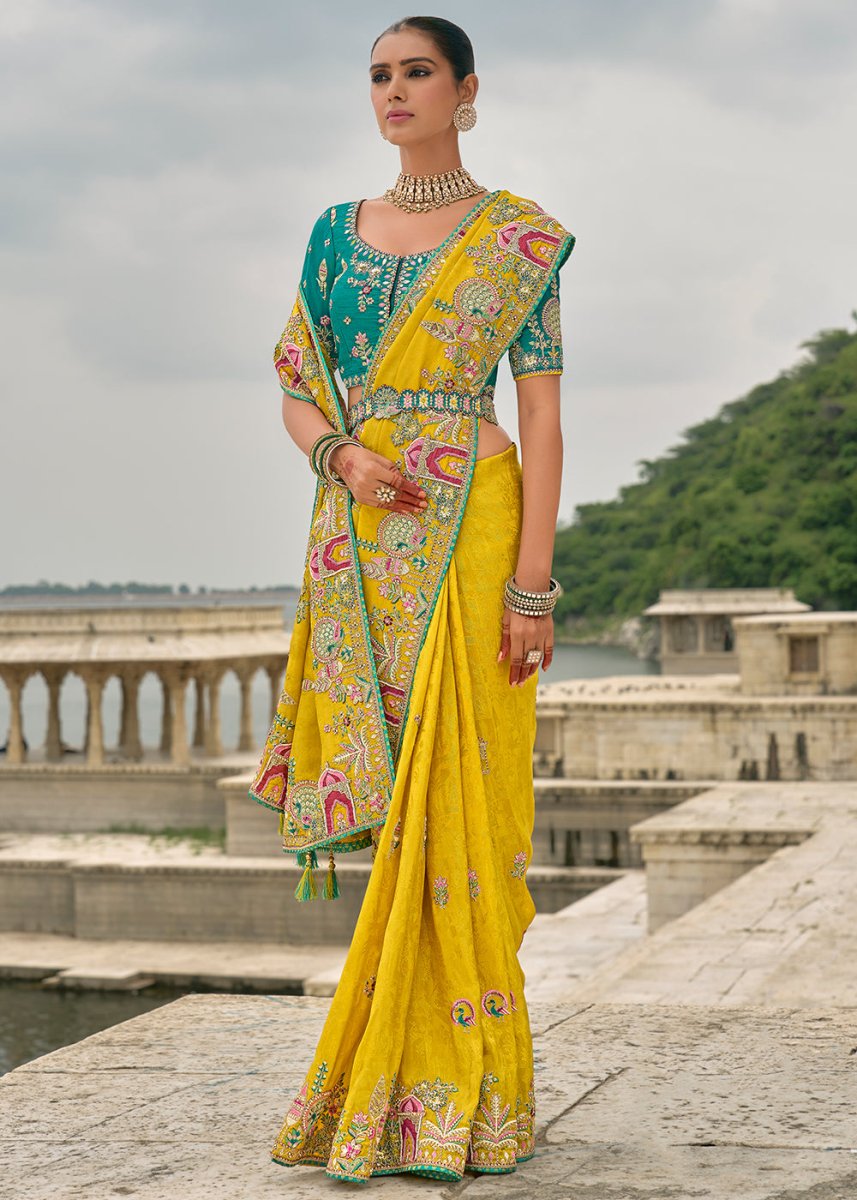 Saffron Yellow Viscose Silk Saree with Intricate Cutwork & Embroidery - House of Sarvati LLC
