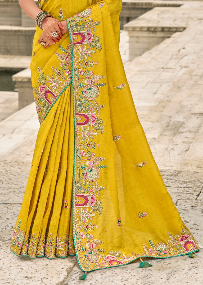 Saffron Yellow Viscose Silk Saree with Intricate Cutwork & Embroidery - House of Sarvati LLC