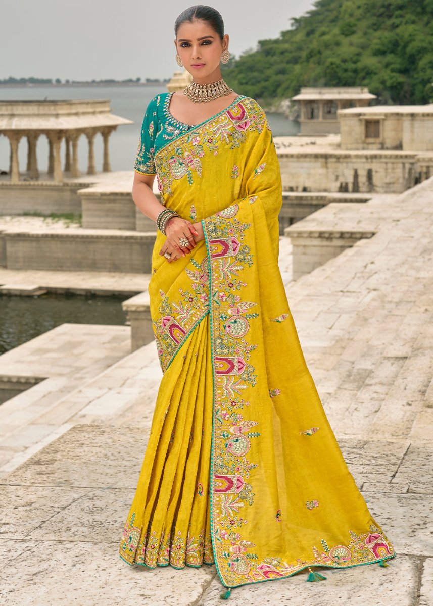 Saffron Yellow Viscose Silk Saree with Intricate Cutwork & Embroidery - House of Sarvati LLC