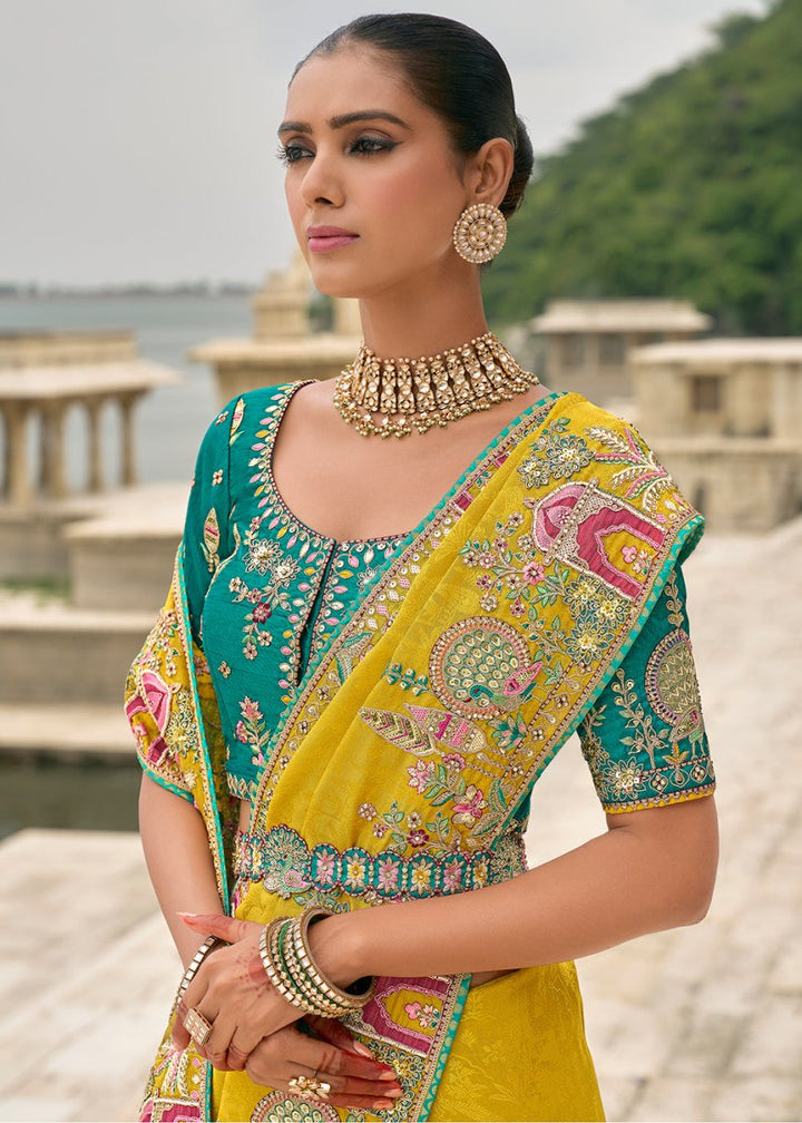 Saffron Yellow Viscose Silk Saree with Intricate Cutwork & Embroidery - House of Sarvati LLC