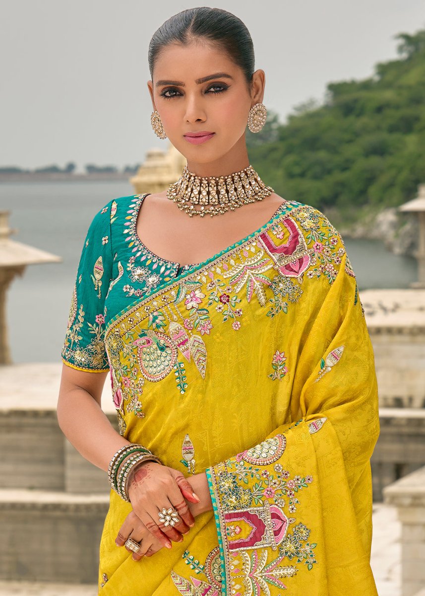 Saffron Yellow Viscose Silk Saree with Intricate Cutwork & Embroidery - House of Sarvati LLC