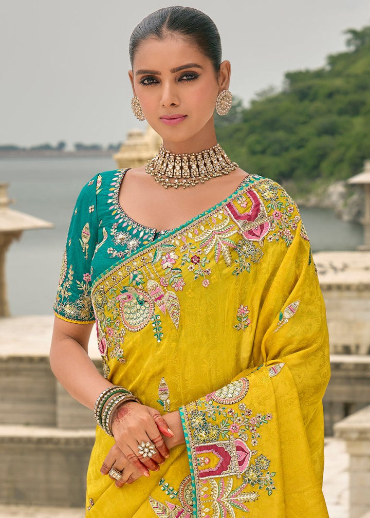 Saffron Yellow Viscose Silk Saree with Intricate Cutwork & Embroidery - House of Sarvati LLC