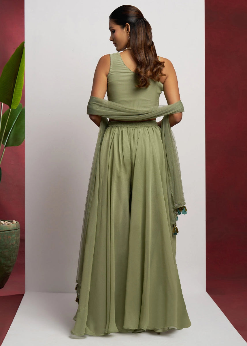 Sage Green georgette sharara set featuring traditional khatli detailing and contemporary styling - House of Sarvati LLC