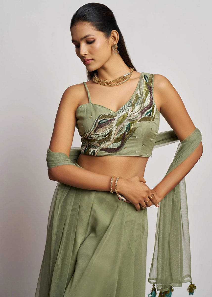 Sage Green georgette sharara set featuring traditional khatli detailing and contemporary styling - House of Sarvati LLC