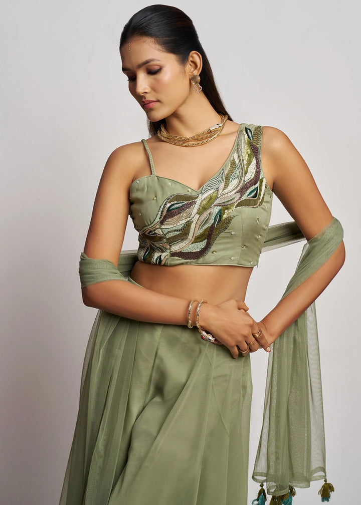 Sage Green georgette sharara set featuring traditional khatli detailing and contemporary styling - House of Sarvati LLC