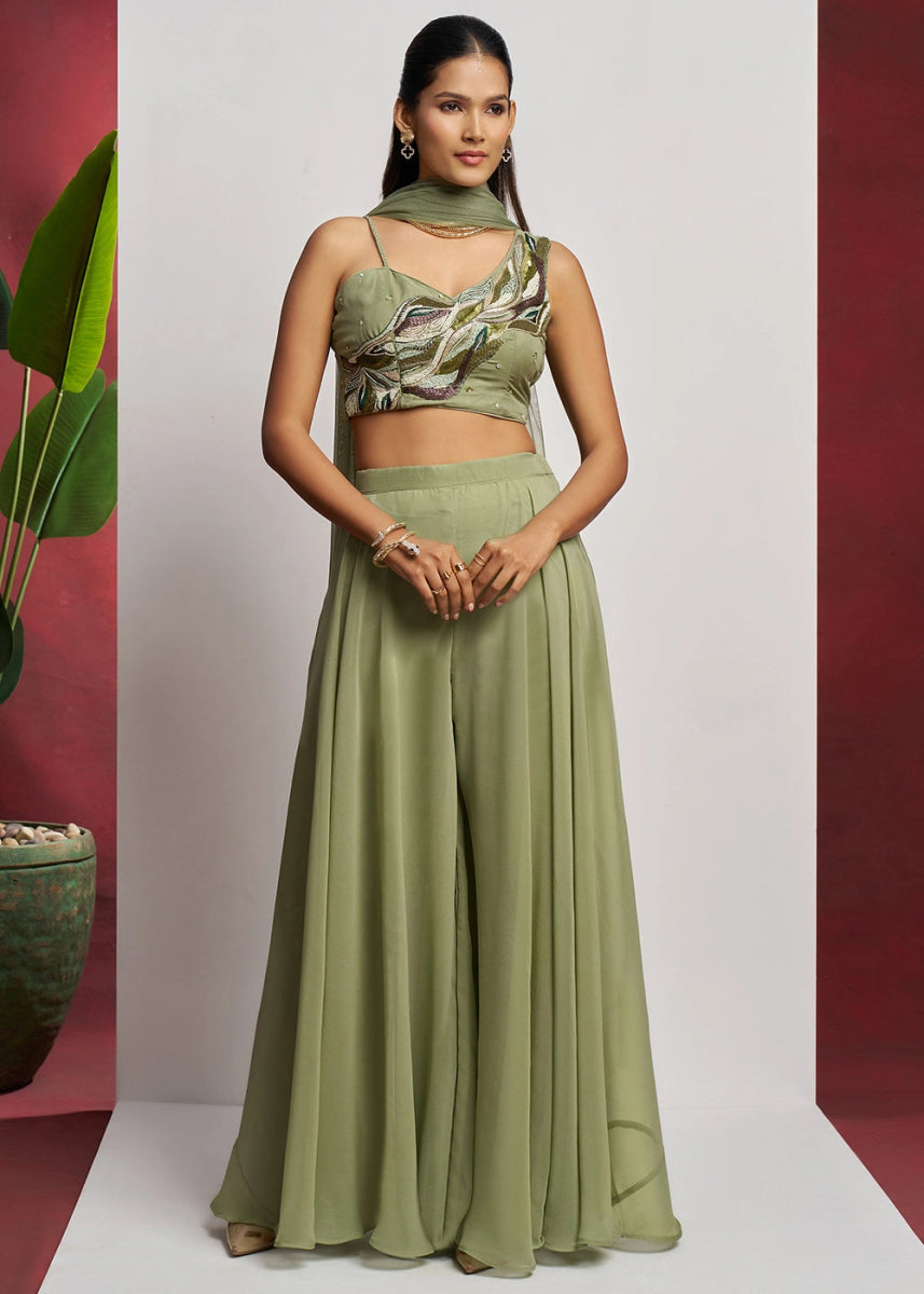 Sage Green georgette sharara set featuring traditional khatli detailing and contemporary styling - House of Sarvati LLC