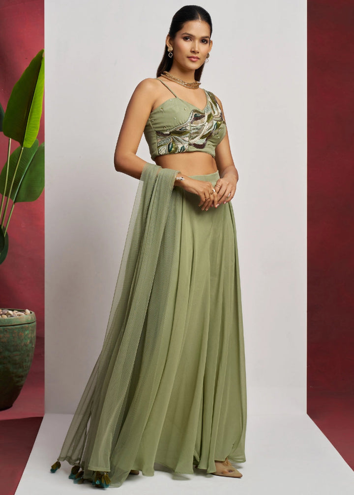 Sage Green georgette sharara set featuring traditional khatli detailing and contemporary styling - House of Sarvati LLC