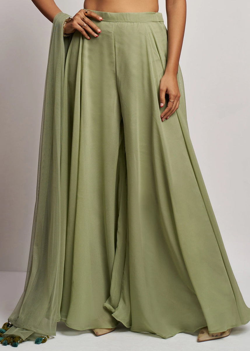 Sage Green georgette sharara set featuring traditional khatli detailing and contemporary styling - House of Sarvati LLC