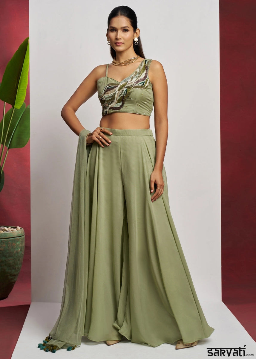 Sage Green georgette sharara set featuring traditional khatli detailing and contemporary styling - House of Sarvati LLC