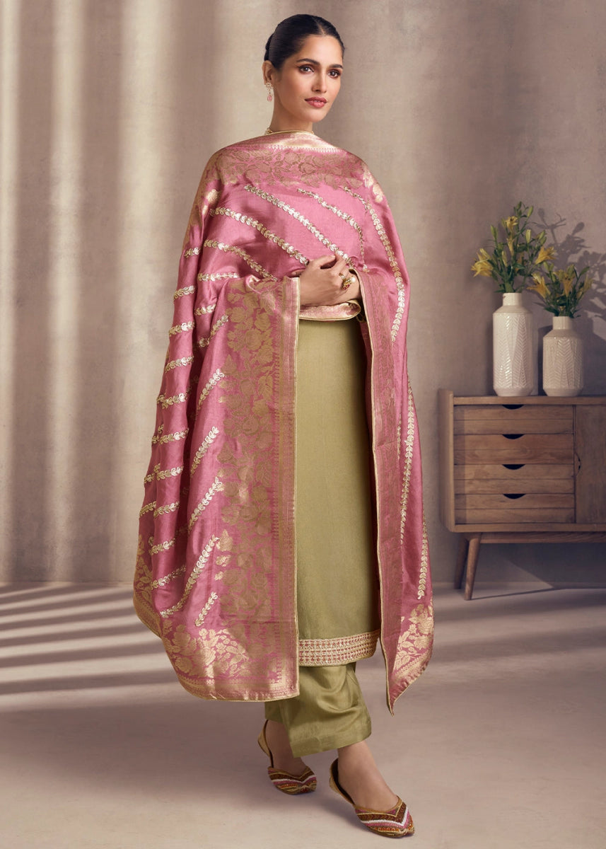 Sage Green Simar Silk Suit with Exquisite Embroidery - House of Sarvati LLC