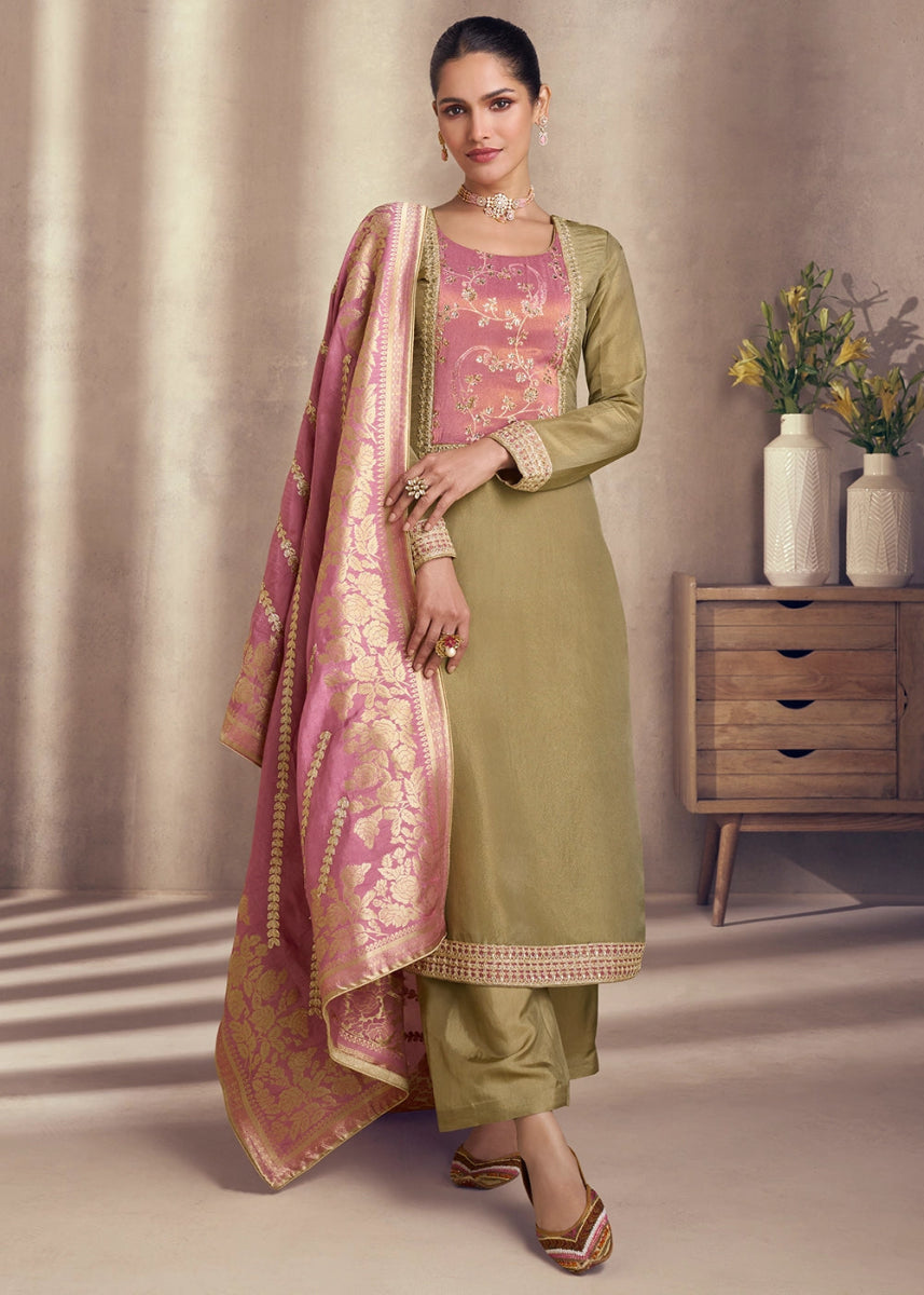 Sage Green Simar Silk Suit with Exquisite Embroidery - House of Sarvati LLC