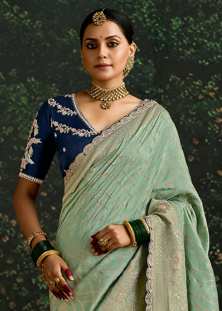 Sage Green Zari Woven Dola Silk Saree with Embroidery Detailing - House of Sarvati LLC