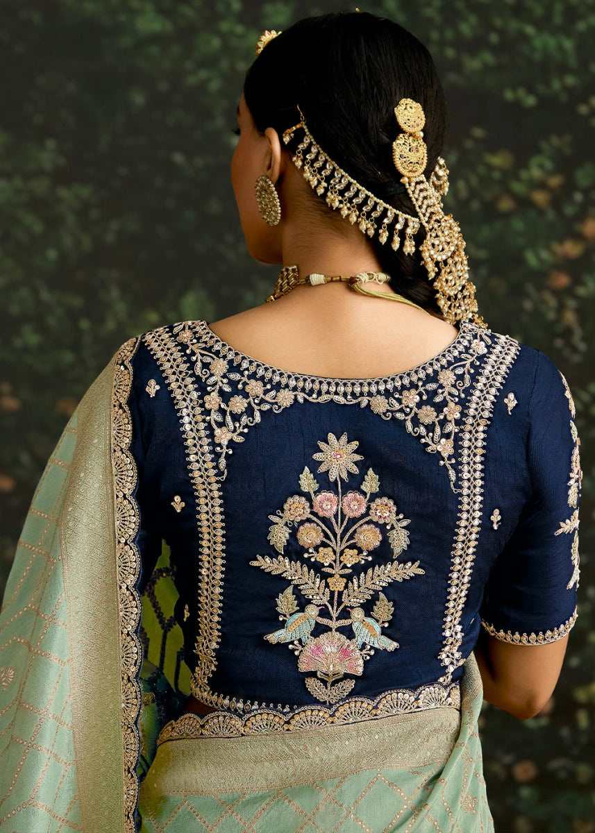 Sage Green Zari Woven Dola Silk Saree with Embroidery Detailing - House of Sarvati LLC