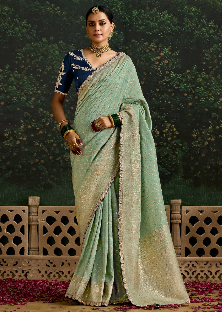 Sage Green Zari Woven Dola Silk Saree with Embroidery Detailing - House of Sarvati LLC