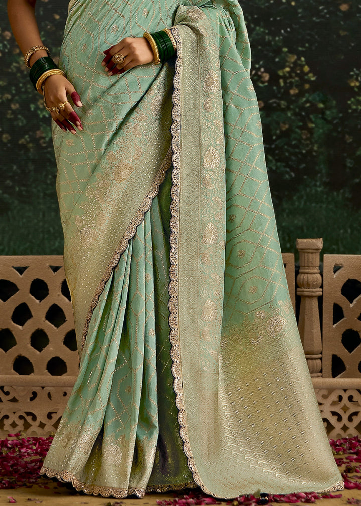 Sage Green Zari Woven Dola Silk Saree with Embroidery Detailing - House of Sarvati LLC