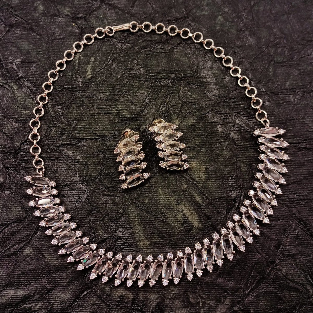 Salma American Diamond Silver Plated Necklace Set - House of Sarvati LLC