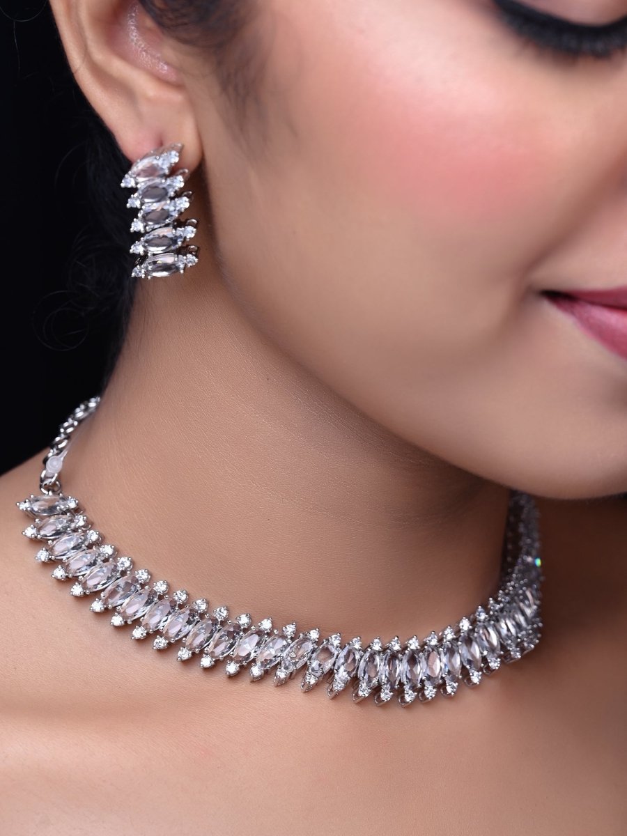 Salma American Diamond Silver Plated Necklace Set - House of Sarvati LLC